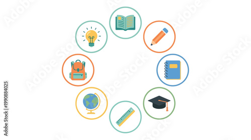 Colorful circular arrangement of flat education icons featuring school building globe books pencils lightbulb