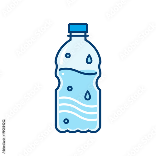 A clear plastic bottle filled with clear water, featuring stylized blue droplets and waves inside.