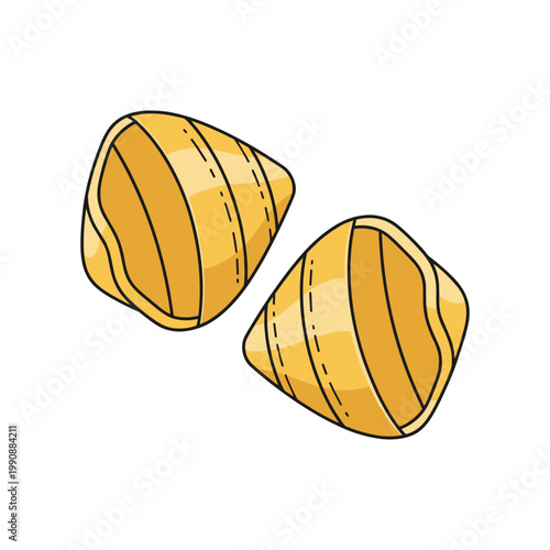 Two golden-yellow pasta pieces with distinctive ridges are shown on a white background.