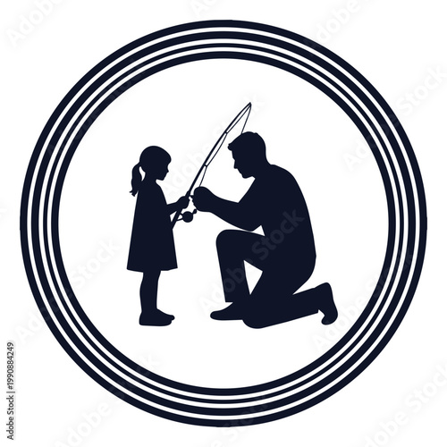 A silhouette of a man kneeling and handing a sword to a young girl with a ponytail inside a circle.