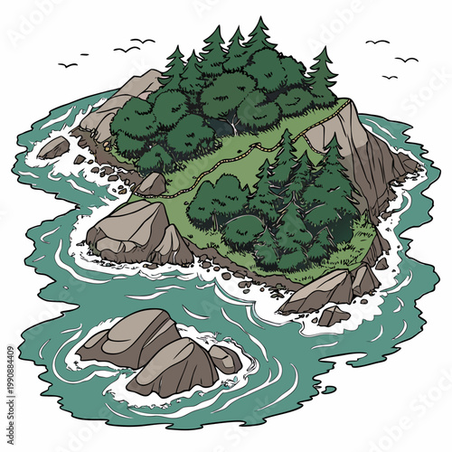 A serene island with lush green trees and rocky shores surrounded by turquoise water