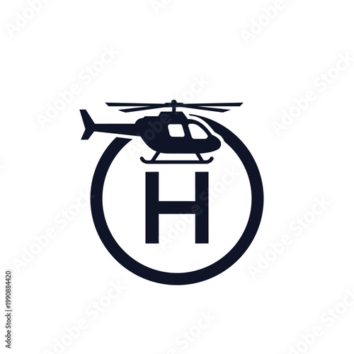 A stylized black helicopter silhouette with rotor blades atop a large capital letter H enclosed in a circle on a white background.