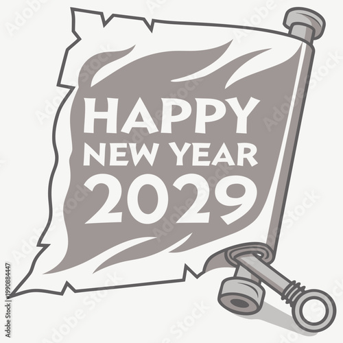 A gray and white vector graphic illustration of a Happy New Year 2029 banner on a scroll