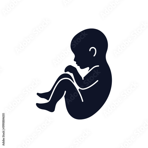 A dark blue silhouette of a fetus in a curled up position with hands near the face and legs bent, on a white background.