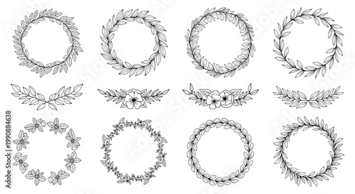 Hand drawn collection of delicate floral wreaths, botanical dividers, and natural leaf elements rendered in a vintage black ink sketch style.