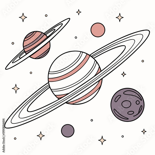 A colorful vector illustration of planets and stars in a stylized solar system design