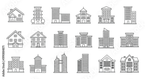 Black and white architectural line drawings of different residential houses and commercial office buildings in various modern design styles.