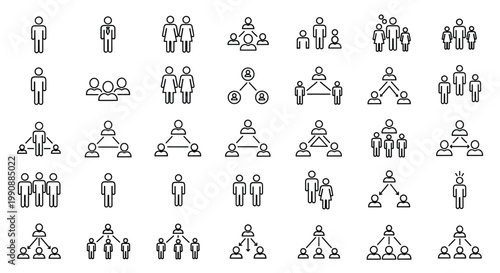 Comprehensive set of thin line icons representing people, team structures, business hierarchy, and organizational flowcharts on a white base.