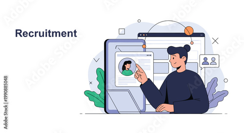 Digital recruitment concept illustration featuring a human resources professional browsing candidate profiles on a large computer screen.