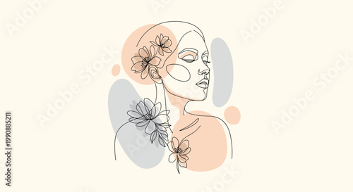 Minimalist one line drawing of a beautiful woman face and shoulders adorned with delicate flowers and soft pastel organic abstract shapes.