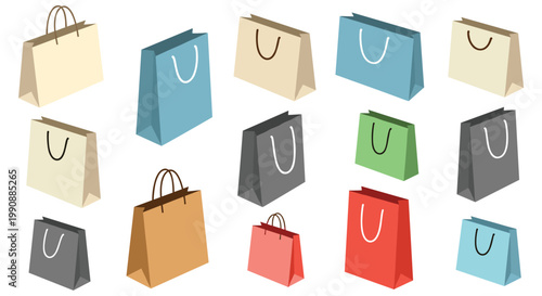 Multiple 3D perspective views of paper shopping bags in a variety of vibrant colors like red, blue, green, and brown for retail marketing.