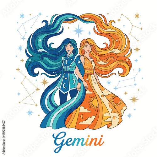 This artistic representation of Gemini features two figures symbolizing the duality and dynamic nature of this zodiac sign, encapsulating its astrological essence beautifully.