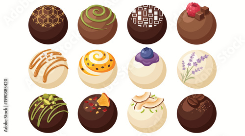 An exquisite visual display of assorted artisan chocolate truffles, featuring unique designs and flavors, appealing to chocolate lovers and dessert enthusiasts alike.