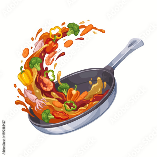 Canvas-taulu An energetic illustration of fresh vegetables and seafood dramatically splashing out of a frying pan, conveying the excitement of cooking and culinary art with vivid colors