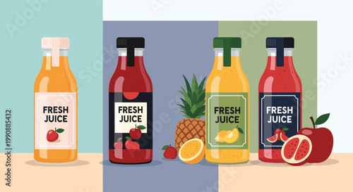 Four bottles of fresh fruit juice with attractive labels featuring ingredients like orange, apple, pineapple, and pomegranate on a background.