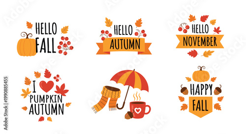 Set of cozy autumn labels and fall stickers featuring seasonal motifs like pumpkins, colorful leaves, acorns, and warm cups of hot coffee.