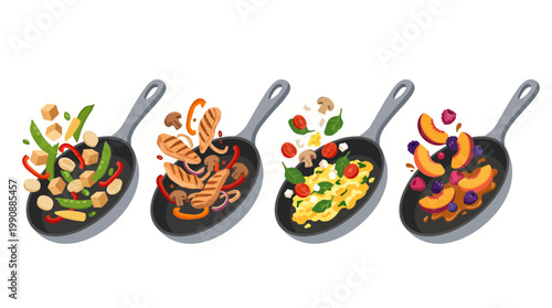 Four pans filled with an assortment of appealing gourmet dishes, showcasing culinary artistry and delicious creations that inspire home cooks to explore flavors and enjoyment.