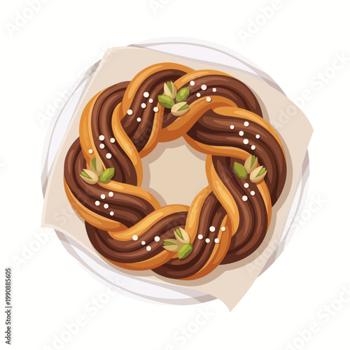 A delectable braided pastry adorned with chocolate and pistachio, symbolizing culinary craftsmanship and indulgence in delightful sweet creations for special occasions.