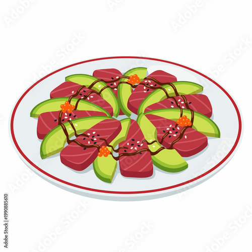 An elegant sushi platter beautifully arranged with colorful fish, avocado slices, and decorative elements, showcasing the art of culinary presentation in gourmet dining.