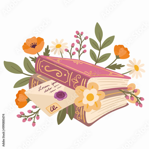 An elegant set of vintage books adorned with flowers and a letter, symbolizing knowledge and the beauty of storytelling through nature's artistry.