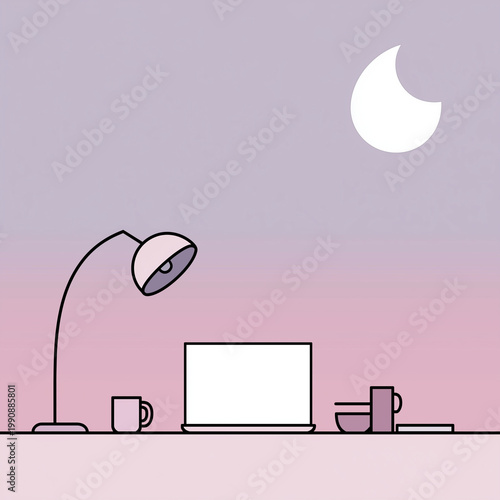 Flat illustration of a calm evening workspace with a laptop and lamp, suitable for productivity blogs, relaxation apps, or work-life balance articles.