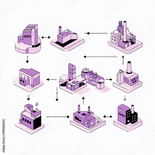 A modular factory system with interconnected buildings, suitable for industrial presentations, business infographics, or technology articles.