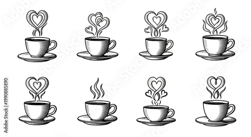Eight detailed antique coffee cups on saucers featuring elaborate heart shaped steam formations in engraved style