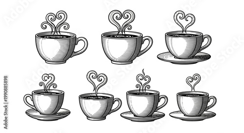 Collection of seven engraved coffee cups with steam shaped like hearts on saucers and without