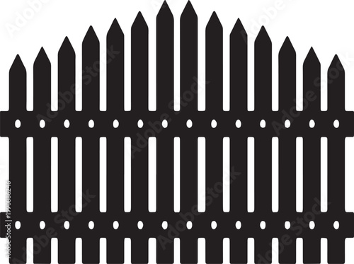 A set of black wooden picket planks and metal barrier designs forms a protective garden fence illustration against a rural farm sky.