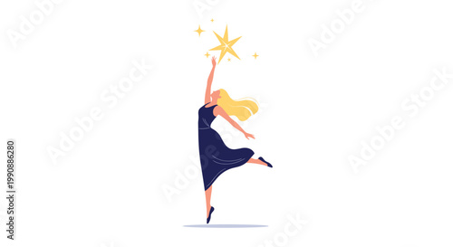 Elegant illustration of a woman in a long blue dress gracefully reaching up towards a bright glowing gold star in a symbolic gesture of success.