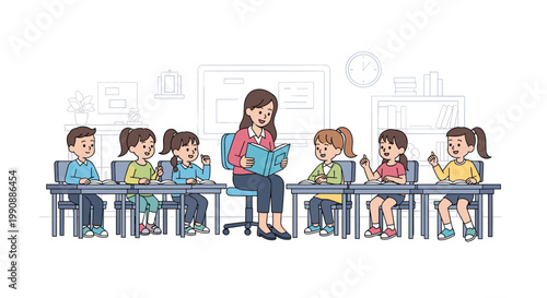 Friendly female teacher sitting in a classroom and reading a blue book to a diverse group of six attentive young students at their desks.
