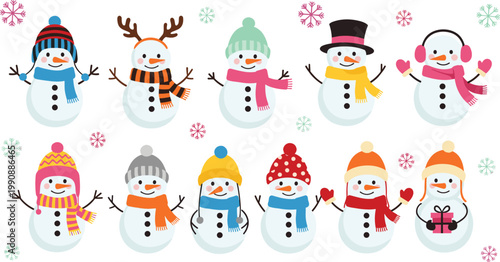 Adorable Colorful Snowman Characters Collection with Various Winter Hats Scarves and Snowflakes Flat Vector Illustration Set for Christmas Design