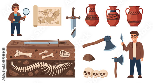 Scene with two archaeologists studying ancient artifacts including dinosaur fossils, pottery, historical maps, and various old weapons and tools.