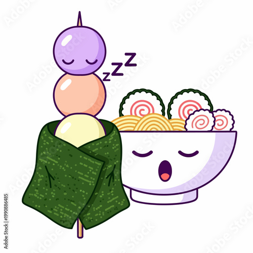 Cute cartoon onigiri and ramen bowl characters sleeping and yawning
