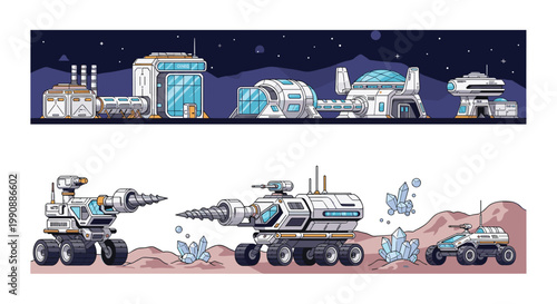 Detailed pixel art scenes featuring a futuristic space colony base on a lunar surface and several advanced space rovers exploring for minerals.