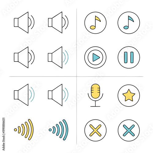 A set of colorful audio icons including speakers, music notes, and playback controls
