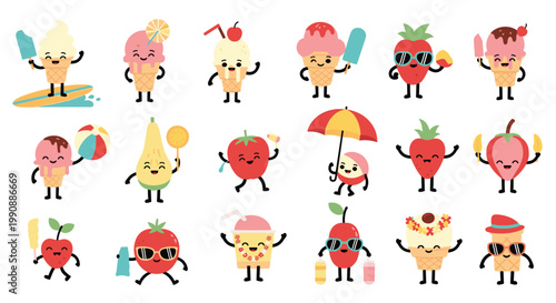 Collection of eighteen cartoon characters featuring happy ice creams and fruits like strawberries, cherries, and tomatoes in various activities.
