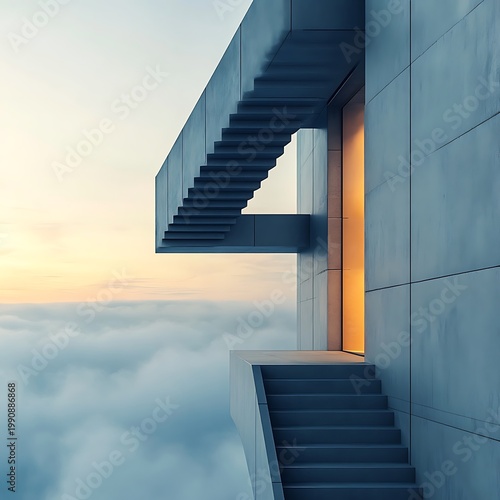 Modern architecture building exterior glass facade with outdoor metal stairs under sky