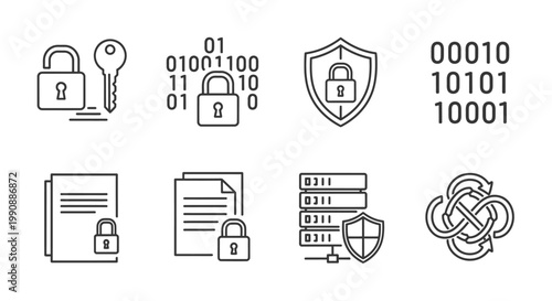 Modern Cyber Security Line Icons Set. Digital Data Protection, Online Privacy, Network Security, Encryption, and Server Safety.