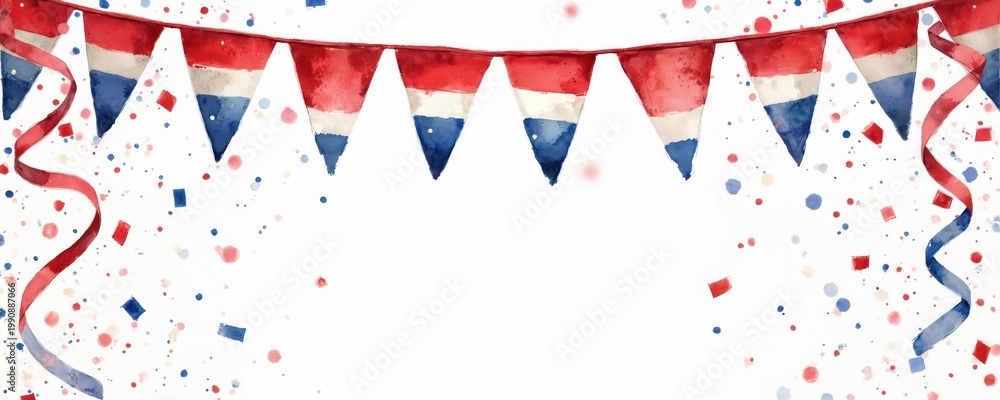 Obraz premium Watercolor bunting flags in red white blue colors with falling confetti and ribbons. Festive illustration celebrates Dutch national day or event. Great for holiday designs.
