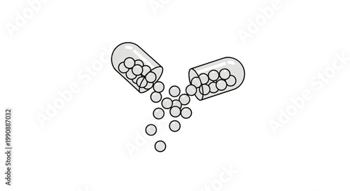 Simple black and white line art illustration of an open medicinal capsule pill with small round beads falling out of the two halves.
