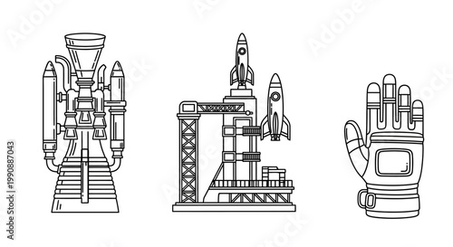 Space Exploration Technology Vector Icons: Rocket Engine, Launch Pad with Rockets, and Astronaut Glove Line Art Set
