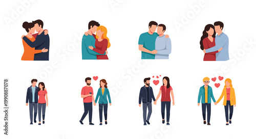 Diverse collection of romantic couples expressing affection through hugging and walking together with floating red heart symbols.