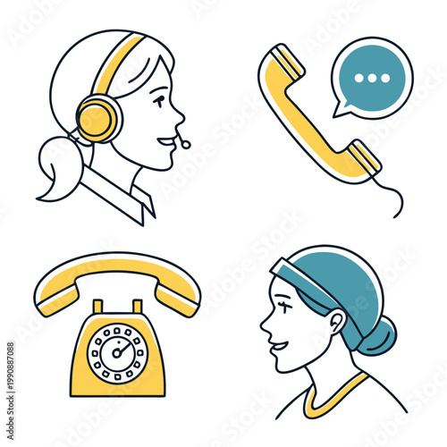A vector graphic illustration of a customer service representative with a headset and phone icons
