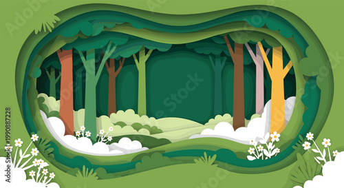 Beautiful paper cut style landscape illustration of a deep forest with layered green trees and small white flowers under a lush canopy.