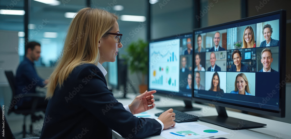 Fototapeta premium Businesswoman on video call, coordinating team on screen. Graphs on monitor show progress. Colleagues attend remote meeting in office. People interact online.