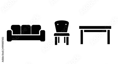 Simple black silhouette furniture icons set featuring a modern sofa, classic chair, and dining table, ideal for home interior design graphics.