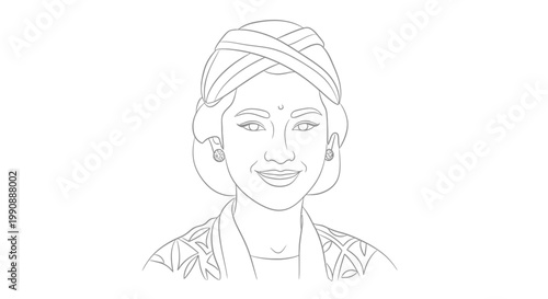 Hand-drawn line art portrait of a graceful woman with a warm smile, adorned in traditional ethnic clothing and headpiece, embodying cultural elegance