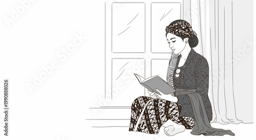 An Indonesian woman in traditional attire reads a book by a window, illustrating cultural heritage and a moment of quiet contemplation