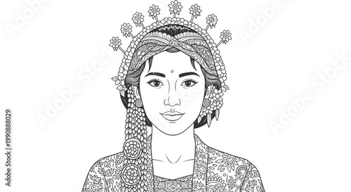 Traditional Indonesian Woman in Traditional Attire - A Detailed Line Art Illustration